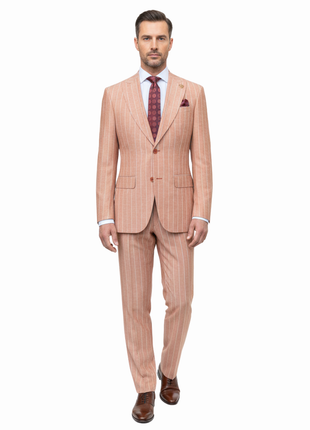 Romaster Mens Slim Fit Rust Pinstriped Linen Blend 2 Piece Suit