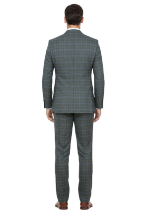 English Laundry Gray With Blue Windowpane Slim Fit Peak Lapel 2 Button Stretch Suit