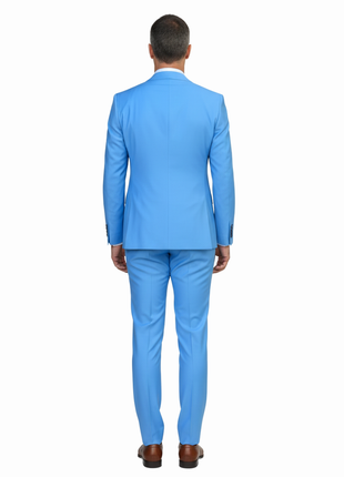 Romaster Mens Solid Light Blue Wool Blend 3 Piece Slim Fit Suit With Peak Lapels