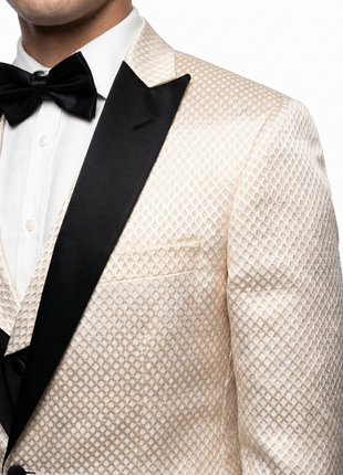Vitali Mens Champagne Textured Slim Fit Peak Lapel 3 Piece Tuxedo Suit - The Suit Depot