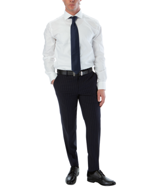 Sartoria Mazara Mens Slim Fit Navy Blue & Gray Pinstriped 100% Wool Suit With Peak Lapels