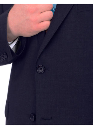Men's Portly Fit Executive Cut Solid Navy Blue Two Button 2 Piece Wool Suit