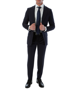 Sartoria Mazara Mens Slim Fit Navy Blue & Gray Pinstriped 100% Wool Suit With Peak Lapels