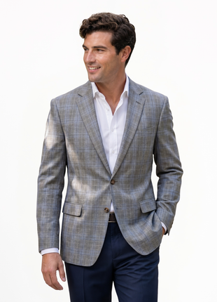 Ralph Lauren Light Grey & Blue Plaid Notch Lapel Two Button Wool Silk Blend Classic Fit Sport Coat 44R