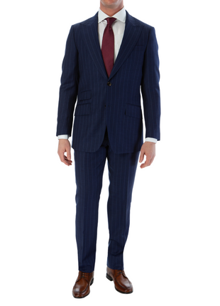Sartoria Mazara Mens Slim Fit Blue Striped 100% Wool Suit With Peak Lapels