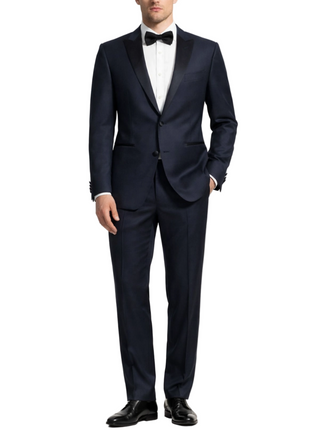 Canali Solid Dark Navy With Black Satin Peak Lapel Slim Fit 2-Button Tuxedo 46R - The Suit Depot