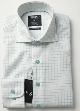 Proper Shirtings Grid Check White & Sage Contemporary Fit Spread Collar Wrinkle Free Cotton Dress Shirt