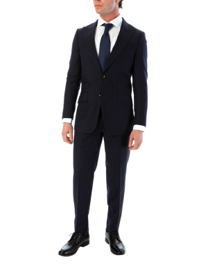 Sartoria Mazara Mens Slim Fit Navy Blue & Gray Pinstriped 100% Wool Suit With Peak Lapels