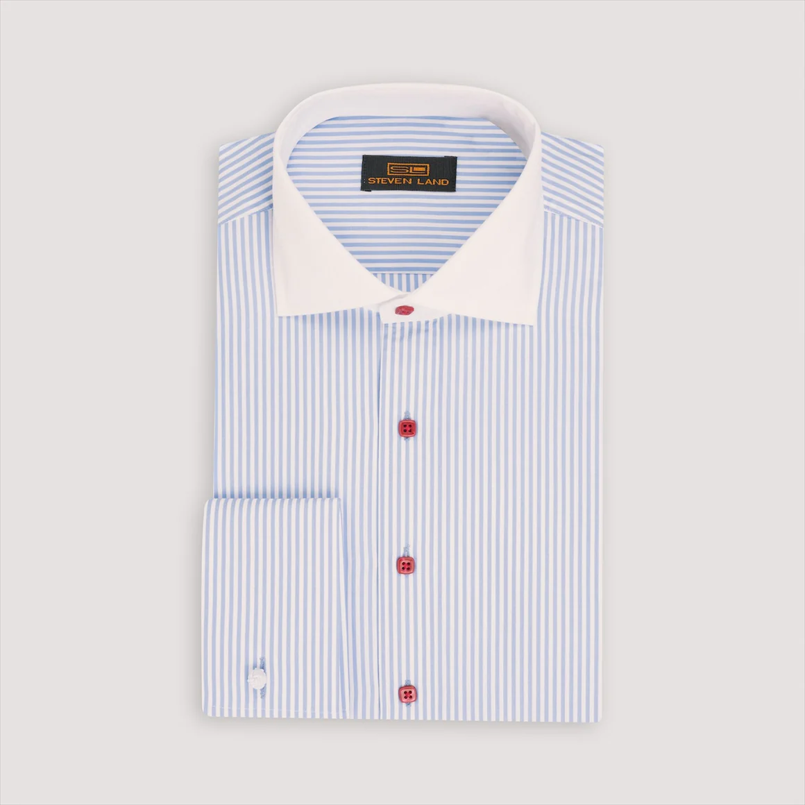 Steven Land Mens Light Blue Striped 100% Cotton French Cuff Dress Shir The Suit Depot Steven Land Mens Light Blue Striped 100% Cotton French Cuff Dress Shir The Suit Depot