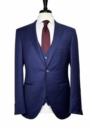 Corneliani Mens Solid Navy Fully-Canvassed Peak Lapels Classic Fit 3-Piece Wool Silk Suit - 44R - The Suit Depot