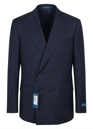 Tovaglia Mens Blue Pinstriped Classic Fit Peak Lapel Double Breasted Wool Suit