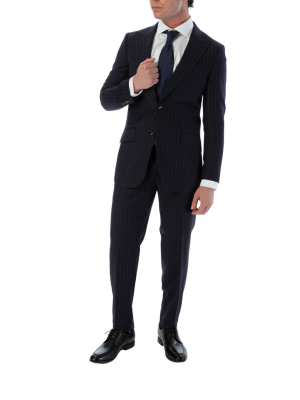 Sartoria Mazara Mens Slim Fit Navy Blue & Gray Pinstriped 100% Wool Suit With Peak Lapels