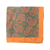 Thumbnail for Cesare Attolini Orange & Brown Paisley Pocket Square Handmade In Italy