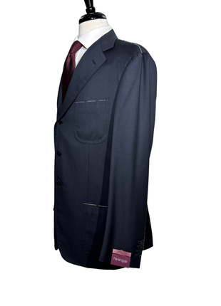 Sartoria Partenopea Mens Solid Dark Blue Notch Lapel Slim Fit 3-Button Wool Suit With Patch Pockets- 46R