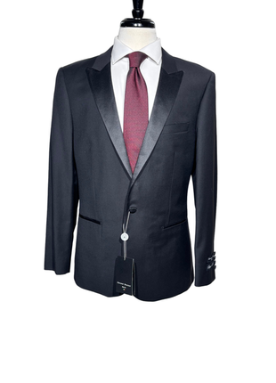 Giovanni Bresciani Mens Solid Black Satin Peak Lapel Slim Fit 1-Button Wool Tuxedo - 42R