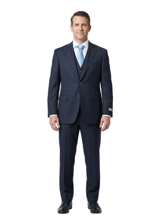 Canali Dark Navy Solid Slim Fit Peak Lapel Canvassed Wool Blend 3-Piece Suit- 46R