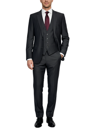 Hugo Boss Mens Charcoal Textured Notch Lapels Classic Fit 3-Piece Wool Silk Suit - 40R - The Suit Depot