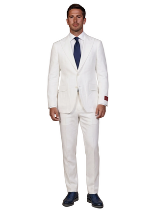 Mazara Mens Solid White Classic Fit Peak Lapels Wool 2-Button Suit