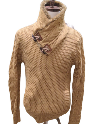 Young Republic Mens Solid Camel Brown Cotton Blend Shawl Neck Sweater
