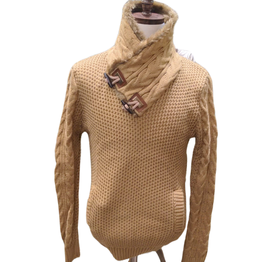 Young Republic Mens Solid Camel Brown Cotton Blend Shawl Neck Sweater