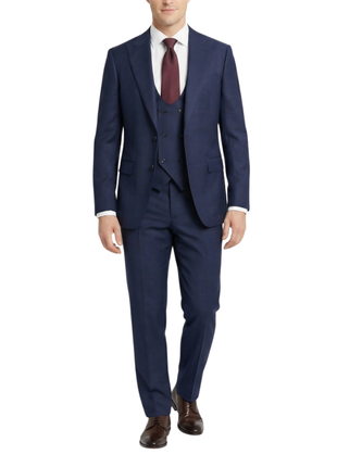 Mazara Mens Navy With Burgundy Windowpane Slim Fit Windowpane 3-Piece Wool Suit