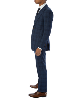 Sartoria Mazara Mens Slim Fit Navy Blue With Burgundy Check 100% Wool Suit With Peak Lapels