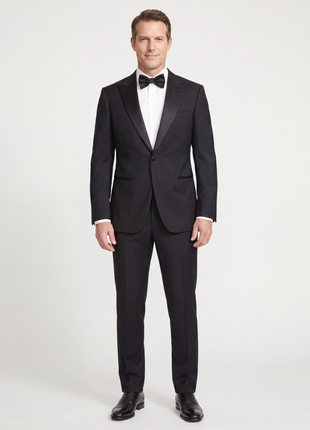 Mazara Mens Solid Black Peak Lapel Slim Fit Wool Formal Tuxedo Suit