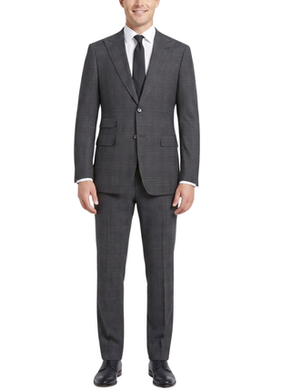 English Laundry Mens Navy & Brown Windowpane Slim Fit Peak Lapel 2 Button Stretch Suit