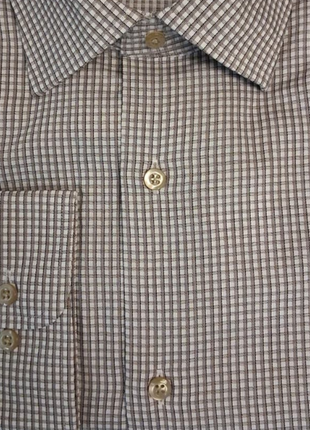 Mens Micro-Check Brown and White Contemporary Fit Cotton Blend Stretch Spread Collar Dress Shirt