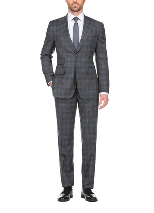 English Laundry Charcoal Gray Plaid Slim Fit Peak Lapel Wool Blend Stretch 2 Button Suit
