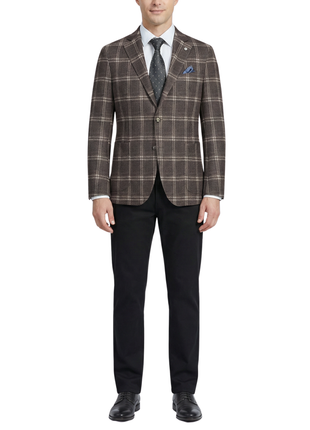 Pelago Brown Windowpane Slim Fit Notch Lapel 2-Button Half Canvassed Blazer With Patch Pockets