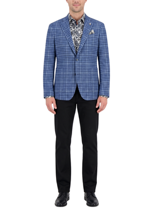 Pelago Blue Check Slim Fit Notch Lapel 2-Button Half Canvassed Blazer With Patch Pockets