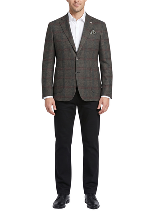 Pelago Brown Windowpane Slim Fit Notch Lapel 2-Button Half Canvassed Stretch Blazer With Patch Pockets