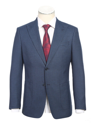 English Laundry Mens Blue & Black Micro Check Slim Fit Peak Lapel 2 Button Stretch Suit