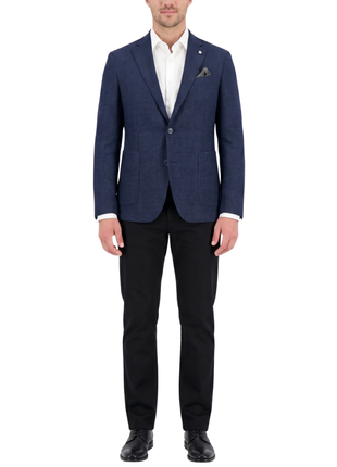 Pelago Navy Blue Windowpane Slim Fit Notch Lapel 2-Button Half Canvassed Stretch Blazer With Patch Pockets