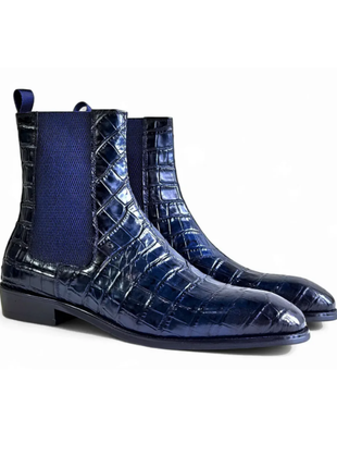 Carrucci Mens Navy Crocodile Embossed Leather Chelsea Boots