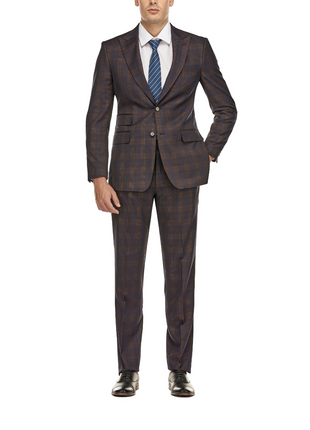 English Laundry Mens Plaid Navy With Brown Slim Fit Peak Lapel Stretch 2 Button Suit
