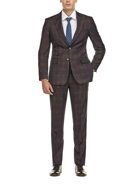 English Laundry Mens Plaid Navy With Brown Slim Fit Peak Lapel Stretch 2 Button Suit