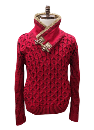 Young Republic Solid Red Cotton Blend Shawl Neck Aran Sweater with Faux Fur Collar - The Suit Depot