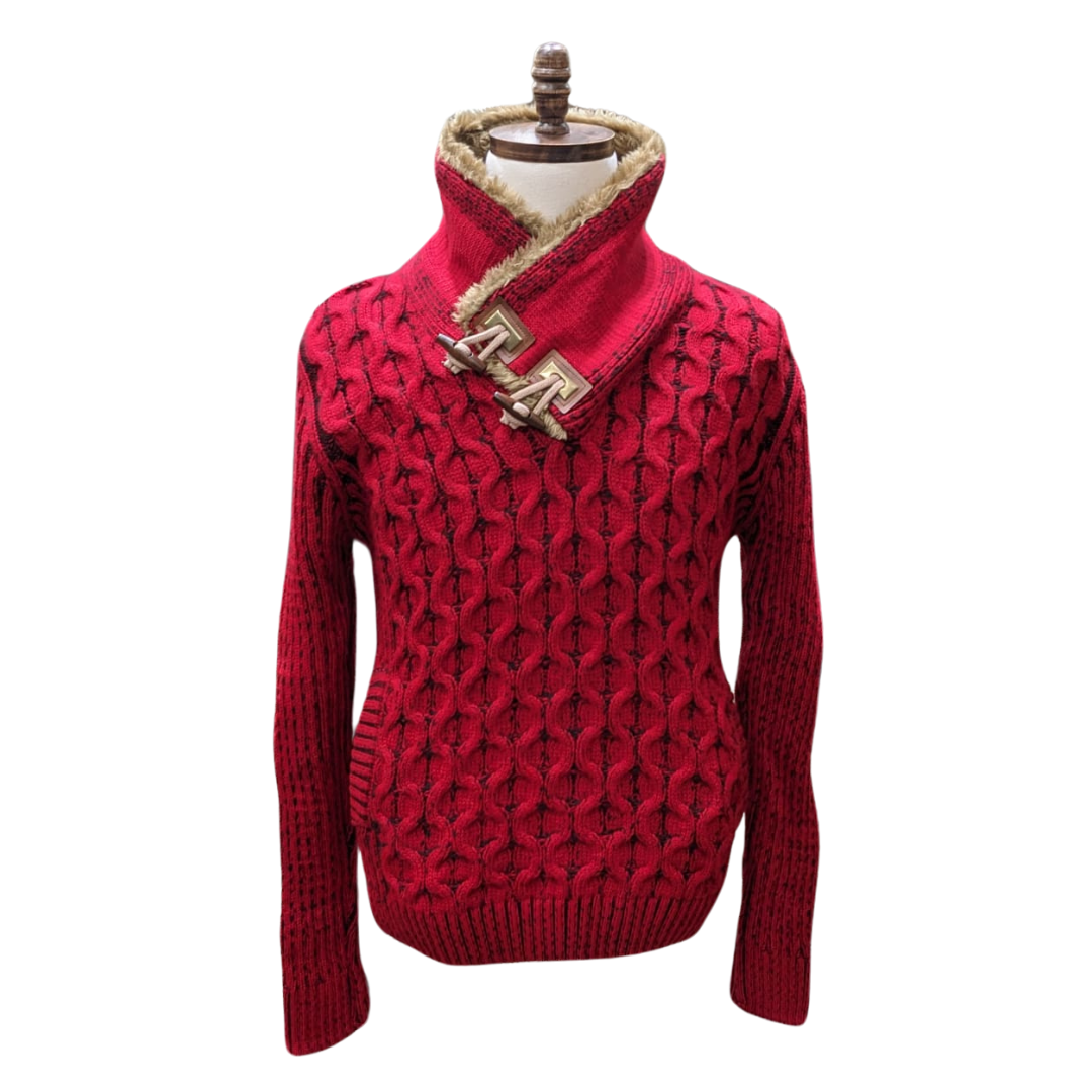 Young Republic Solid Red Cotton Blend Shawl Neck Aran Sweater with Faux Fur Collar