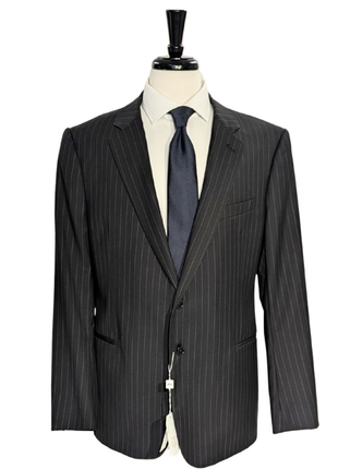 Armani Collezioni Black Pinstriped Notch Lapel Wool 2-Button Suit - 46R - The Suit Depot
