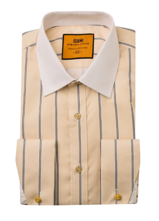 Steven Land Yellow Stripe Spread Collar French Cuff Wrinkle & Shrink Free Dress Shirt
