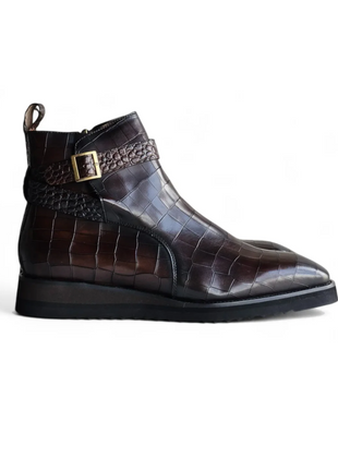 Carrucci Vesper Chestnut Croc Embossed Leather Cross Strap Wedge Boots - The Suit Depot
