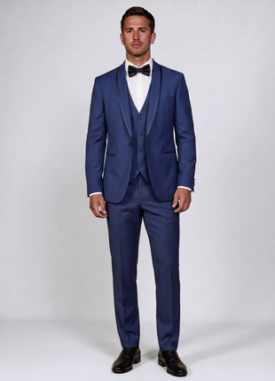 Corneliani Mens Blue With Black Trim Fully-Canvassed Shawl Lapel Slim Fit 3-Piece Wool Mohair Tuxedo - 44R