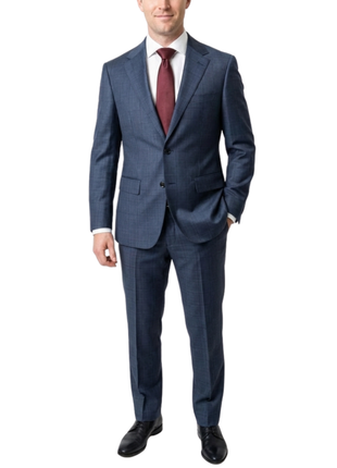 Centrion Men's Blue Glen Plaid Classic Fit Notch Lapels 2 Button Wool Suit