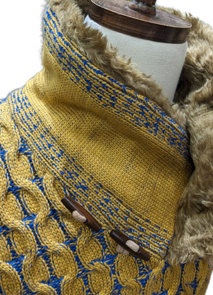 Young Republic Mens Mustard Yellow & Blue Cotton Blend Shawl Neck Aran Sweater