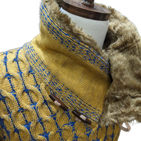 Thumbnail for Young Republic Mens Mustard Yellow & Blue Cotton Blend Shawl Neck Aran Sweater