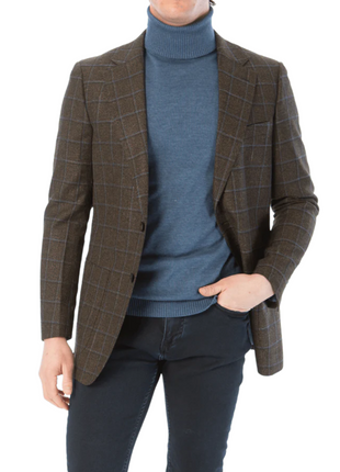 Sartoria Mazara Mens Classic Fit Brown & Blue Check Two Button Stretch Blazer Sportcoat - The Suit Depot