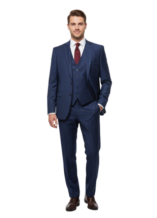 Michael Kors Navy & Blue Tonal Plaid Notch Lapel Classic Fit 3-Piece Wool Suit 48R