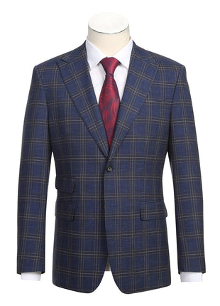 English Laundry Navy & Brown Windowpane Slim Fit Peak Lapel 2 Button Stretch Suit